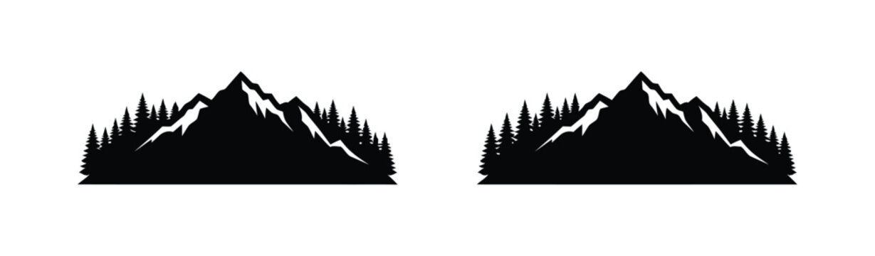 Black silhouette of mountain range with pine forest trees