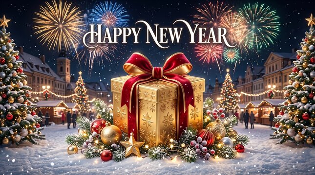 Happy new year greeting banner with golden gift box and fireworks in snowy town