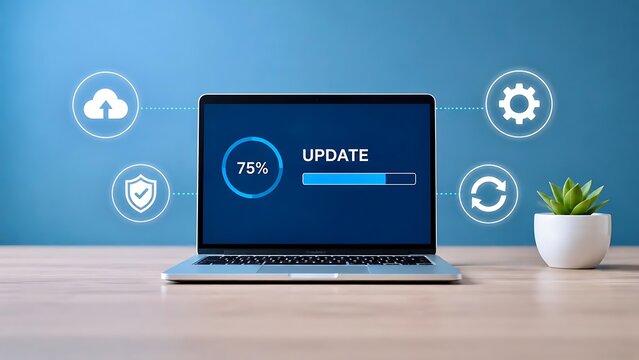 3D render of modern laptop computer with system software update loading progress bar and floating cloud security icons on wooden desk.
