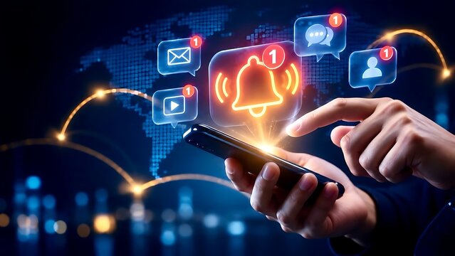 Hands using smartphone with glowing holographic social media and communication notifications