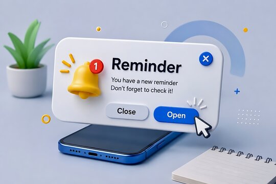3D render of smartphone displaying reminder notification pop-up with yellow bell icon and cursor clicking open button for task management.