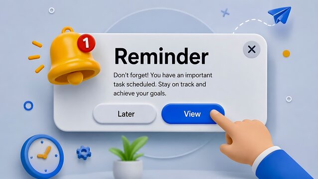 3D render of hand clicking view on reminder task pop-up notification with yellow bell clock and paper plane icons for time management.