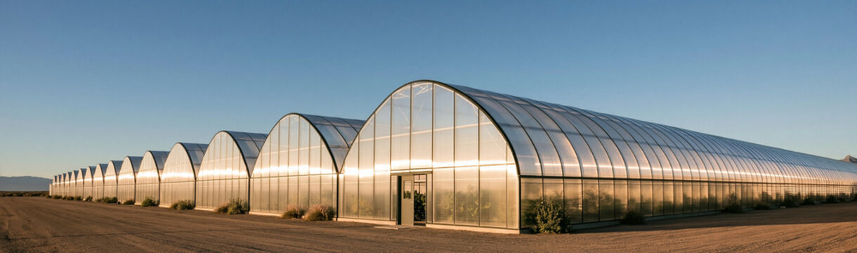 Greenhouse Row: A long row of translucent greenhouses stretches across a clear, bright sky, symbolizing modern agriculture and controlled cultivation.
