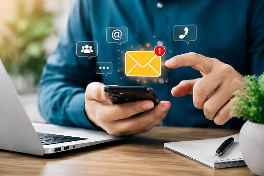 Businessman working at desk receiving email notification on mobile phone, virtual communication icons floating above smartphone device, digital marketing concept.