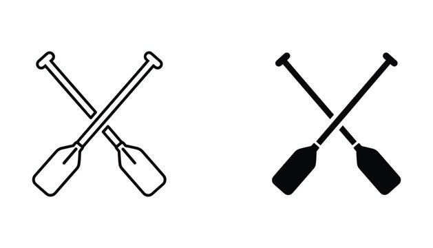 Crossed oars icon set in outline and solid silhouette styles for boating rowing and water sports symbols