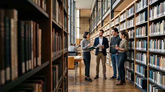 University students sharing research materials during group meeting in library aisle. Concept of team research, collaborative problem solving, academic mentoring.