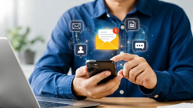 Man using smartphone with floating email and messaging notification icons, modern digital communication network and online business correspondence concept.