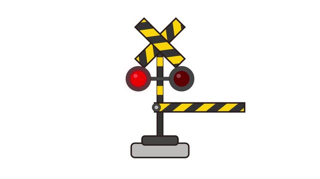 Animated railroad crossing signal with flashing red light and barrier gate