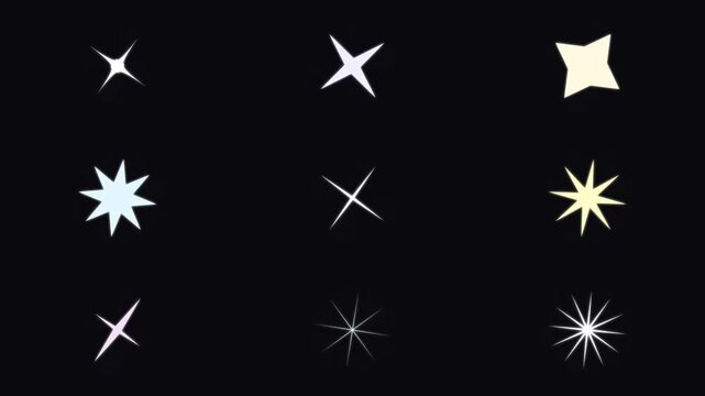 Set of colorful sparkling star shapes and glints on black background stars