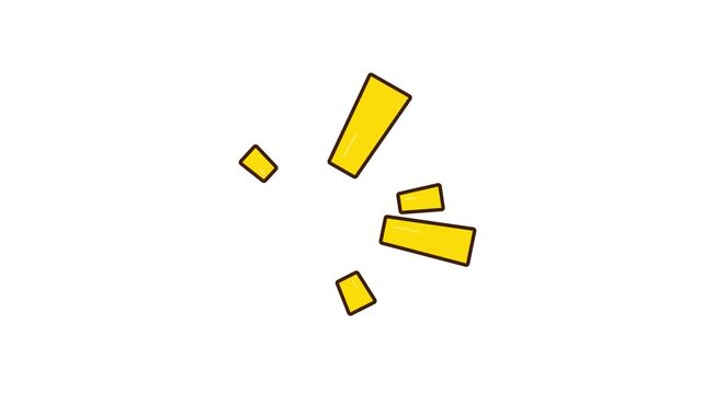 Animated cartoon style yellow exclamation marks and spark action shapes motion