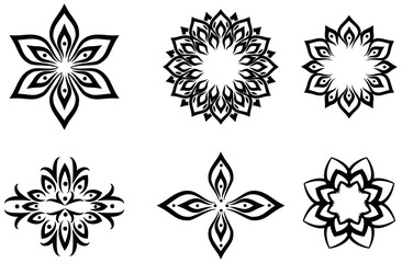 Fototapeta premium Six black floral mandala silhouettes on white background