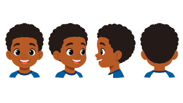 Cartoon boy character head turnaround with multiple views