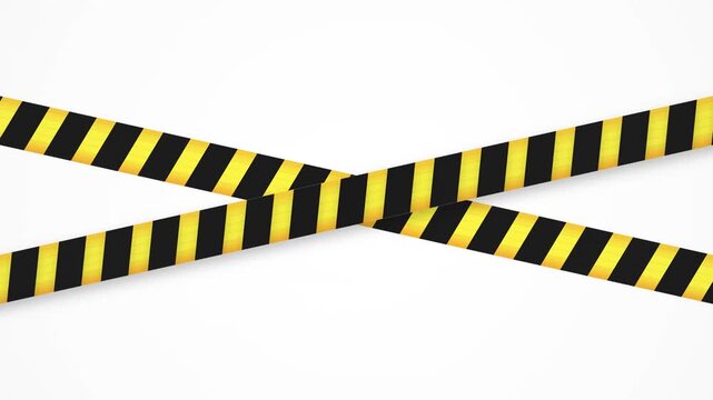 Yellow and black hazard safety caution tape crossing on white background