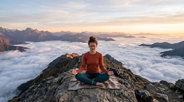 Young woman meditating peacefully on a rocky mountain summit above clouds at sunrise