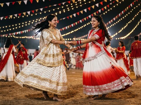 Dandiya raas dancers holding sticks &ndash; Navratri night under string lights