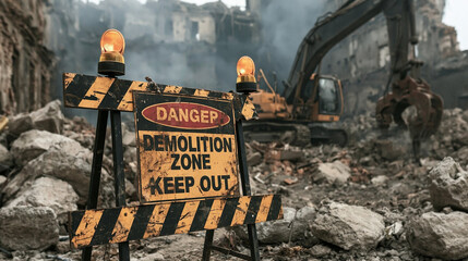 Naklejka premium Demolition Site Danger: A stark warning sign, Danger Demolition Zone Keep Out, stands prominently in the foreground of a rubble-strewn site where a large excavator is actively engaged in demolition.