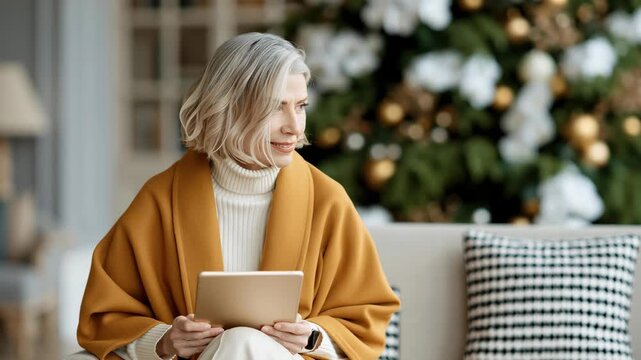Womens health menopause senior woman using tablet at home indoors cozy living room winter wellness