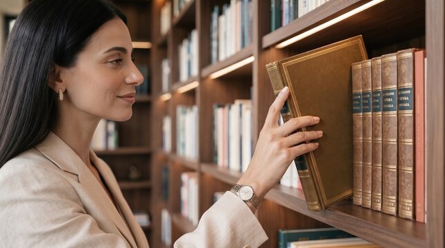Brunette woman selecting vintage book from wooden shelves in traditional library. Concept of classic literature discovery, historical reference search, cultural curiosity.