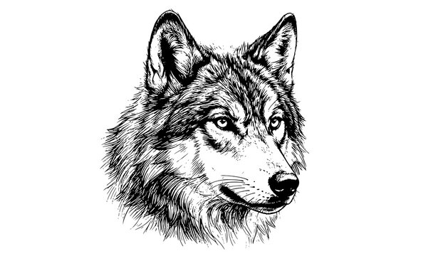Detailed wolf pencil sketch vector illustration with realistic fur texture and expressive wildlife portrait isolated on white background