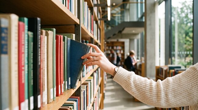 Close-up of female hand browsing colorful books on modern library shelf. Concept of educational resource browsing, curriculum material selection, bookstore marketing.