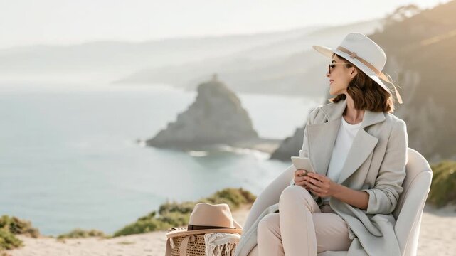 Womens health menopause woman in hat with phone on coastal cliff, calm travel view smile