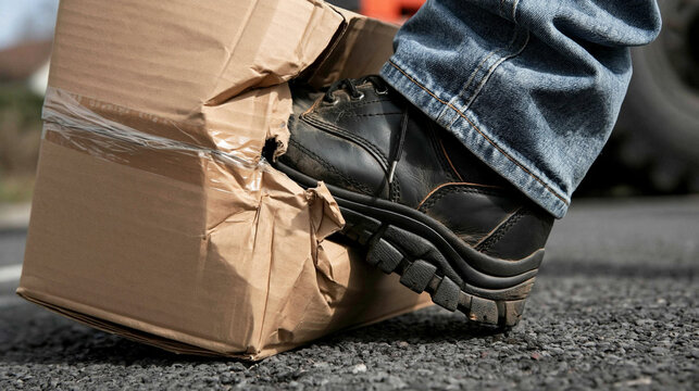 Accidental Damage: A shoe crushing a cardboard box on an asphalt surface, illustrating potential damage during transit or handling.