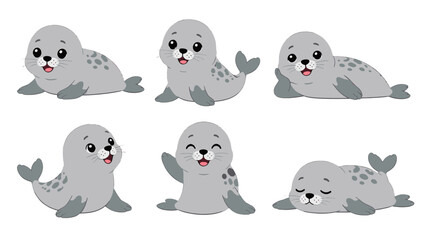 Cute gray seal cartoon set with six playful poses © icon_art