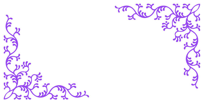 Elegant purple floral corner border with ornate swirling vines and decorative botanical flourishes in vintage style. Delicate ornamental frame accents ideal for wedding invitations, certificates, 