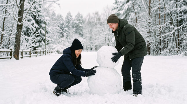 Couple in warm winter clothes building a snowman together in a snowy forest park. Outdoor fun, winter relationship, and seasonal holiday activities concept.
