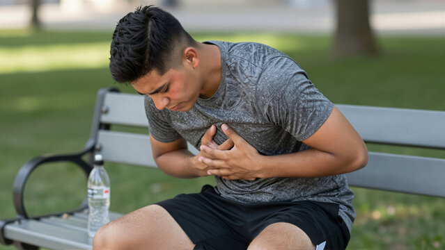 Young man clutching his chest on a park bench, indicating severe chest pain. He may be experiencing a heart attack or a serious medical emergency, highlighting a critical health problem