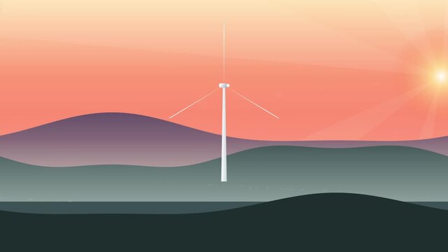 Wind turbine generating clean energy against hills and sunset sky in Spain