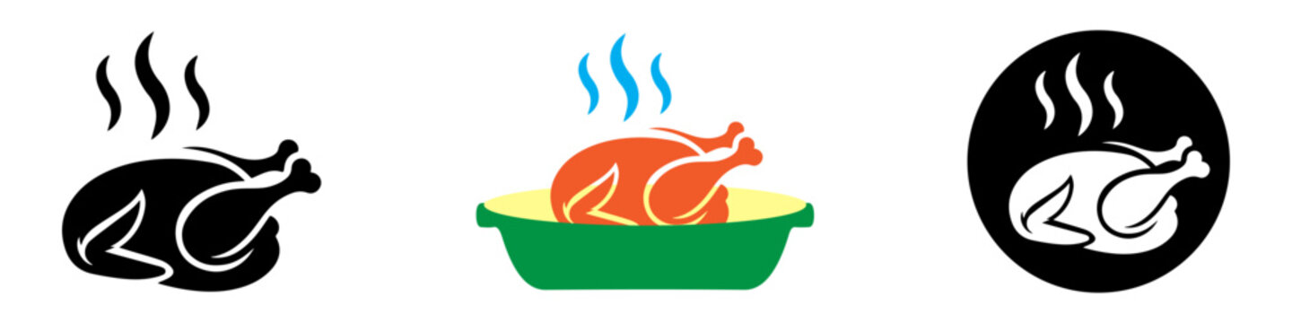 Roast chicken icon silhouette, logo, symbol, clipart vector illustration. PNG. Editable stroke. Oven cooked chicken or turkey.
