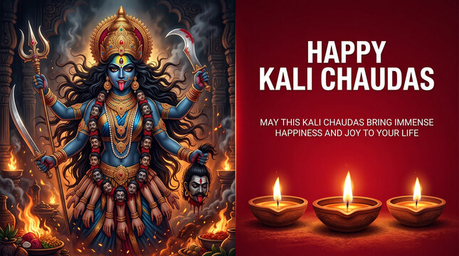 Goddess kali holding weapons standing near burning lamps on red background for religious holiday celebration vector