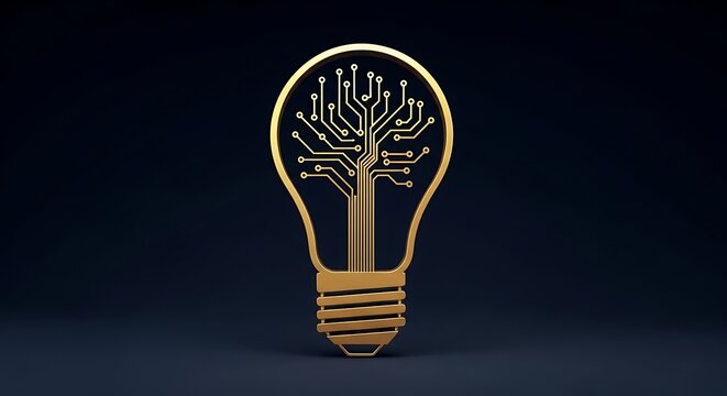 Gold lightbulb with circuit board tree inside, on dark blue background