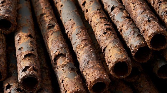 Old weathered metal pipes with heavy rust corrosion.