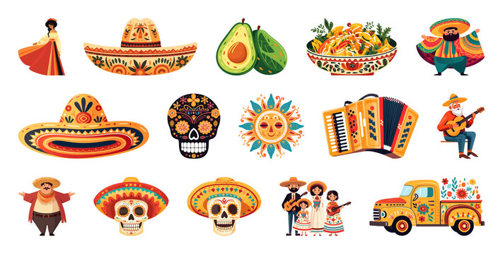 PNG Colorful Mexican cultural icons on transparent background