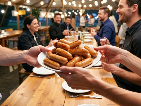 Host serving grilled sausages at an outdoor oktoberfest celebration