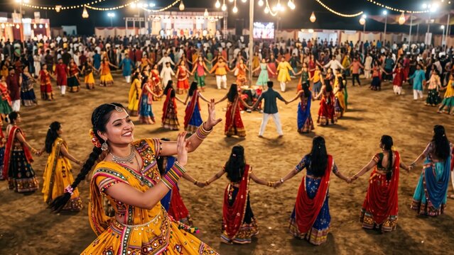Garba circle from above &ndash; colorful Navratri dancers in circular formation
