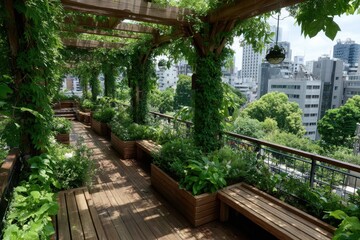 Obraz premium Rooftop Garden with Wooden Walkway and City View