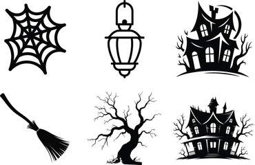 Fototapeta premium Halloween icons with haunted houses, spider web, lantern, tree and broom vector set
