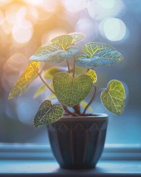 Close-up of a potted houseplant with heart-shaped variegated leaves and white veins, backlit with warm bokeh light