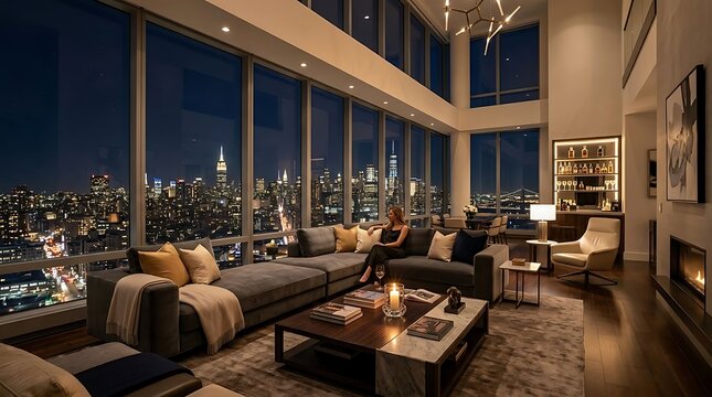 Elegant woman relaxing in a luxurious penthouse apartment with a stunning New York City skyline view at night