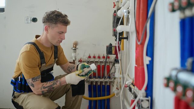 Young adult Caucasian male plumber inspecting pipe connector and installing it on heating manifold system. Clip is ideal for home renovation services and professional plumbing advertisements