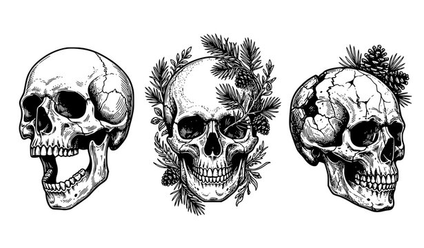 Three Hand Drawn Human Skulls with Pine Branches Vintage Gothic Vector Set