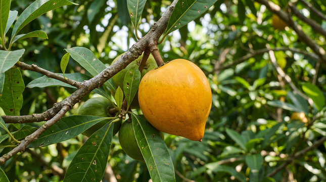Canistel fruit growing on a tree branch. Ripe yellow eggfruit hanging in a tropical garden.