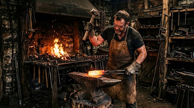 Skilled blacksmith working hot metal on an anvil in a fiery forge