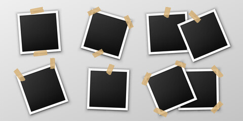 Fototapeta na wymiar Instant mockup frame with vintage paper collage template. Vector album with isolated picture cards and scrapbook tape elements. Retro photography layout design for memories and displays.