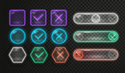 Naklejka na ściany i meble Glowing neon icons with check marks and cross symbols in red, green and blue light effects. Futuristic glass buttons with tick, circle glow and square frames for digital interface design.