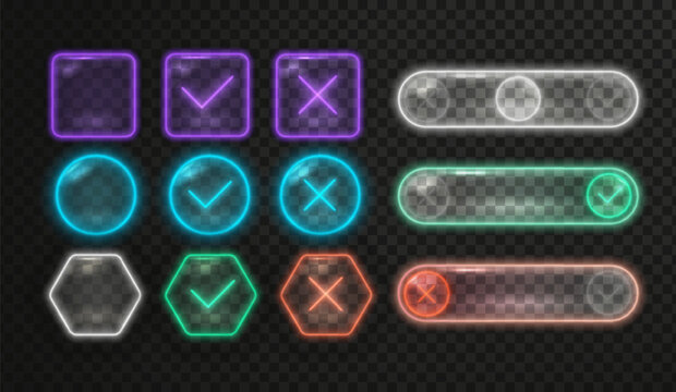 Glowing neon icons with check marks and cross symbols in red, green and blue light effects. Futuristic glass buttons with tick, circle glow and square frames for digital interface design.