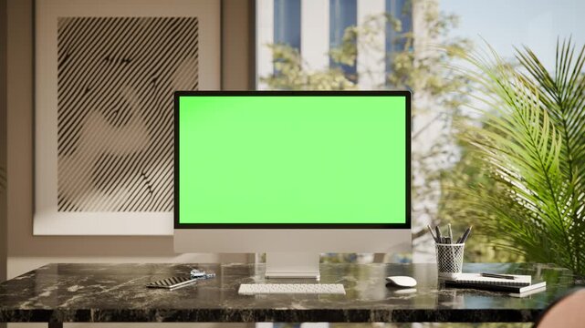 Desktop All in One Computer Green Screen Mockup in Modern Office with Swaying Plants Seamless Loop